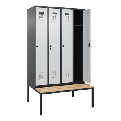 Kleiderspind Evolo PLUS mit vier Abteilen und untergebauter Sitzbank in schwarzgrau und lichtgrau.