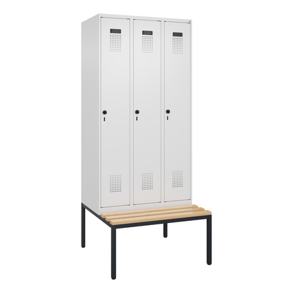 C+P Kleiderspind Evolo PLUS 900 x 2.120 x 815 mm (B x H x T) 3 Abteile Stahl/Buche-Hartholz Farbe der Front: verkehrsweiß Farbe des Korpus: verkehrsweiß