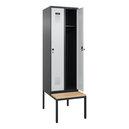 Kleiderspind Evolo PLUS in schwarzgrau mit lichtgrauer Tür und untergebauter Sitzbank.