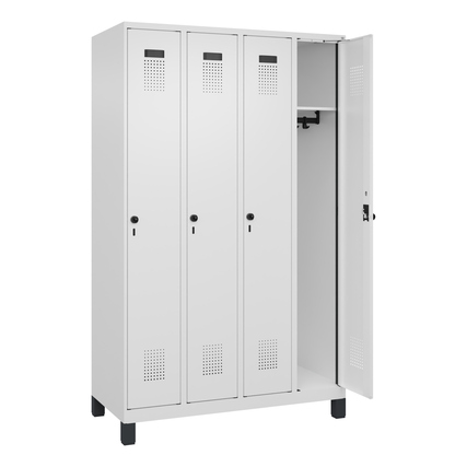 Kleiderspind mit vier Abteilen, geöffneter Tür und belüftungsfreundlichem Design in verkehrsweiß.