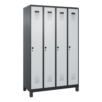 C+P Kleiderspind Evolo PLUS 1.200 x 1.950 x 500 mm (B x H x T) 4 Abteile Stahl Farbe der Front: lichtgrau Farbe des Korpus: schwarzgrau