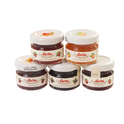 Darbo Brotaufstrich Konfitüre Erdbeere, Marille (Aprikose), Himbeere, Kirsche, Schwarze Johannisbeere Glas 60 x 28 g/Pack.