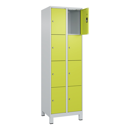 Hochkant Schließfachschrank mit 8 Fächern, lichtgrau und clowngrün, offene Tür oben links.