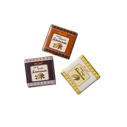 Hellma Schokolade Zarte Schokotäfelchen Zartbitter, Vollmilch, weiße Schokolade 130 x 4,5 g/Pack.