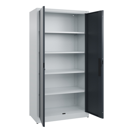 Flügeltürenschrank Acurado mit geöffneten Türen und mehreren verstellbaren Regalböden.