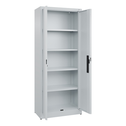 Lichtgrauer Flügeltürenschrank mit offenen Türen und verstellbaren Regalen.