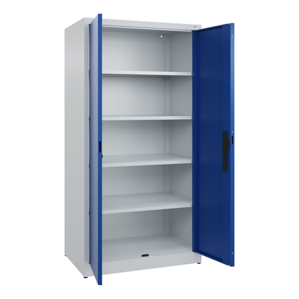 Flügeltürenschrank in enzianblau mit vier regulierbaren Einlegeböden und offenen Türen.