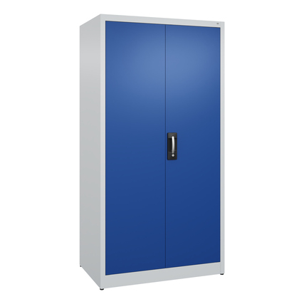 Flügeltürenschrank mit zwei blauen Türen und einem zentralen Griff vor weißem Rahmen.