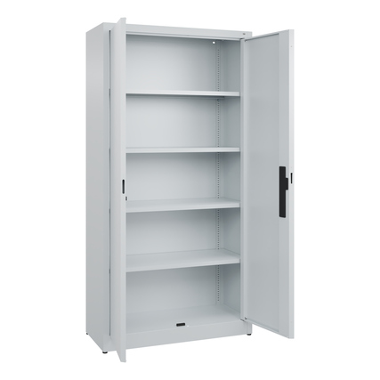 Lichtgrauer Flügeltürenschrank mit offenen Türen und mehreren verstellbaren Regalböden.