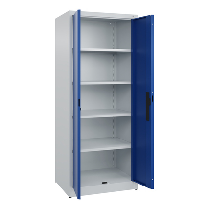 Flügeltürenschrank in enzianblau mit geöffneten Türen und mehreren höhenverstellbaren Regalböden.