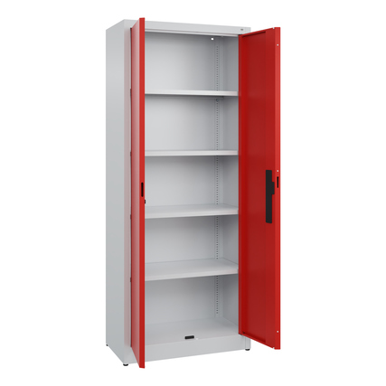 Flügeltürenschrank Acurado in verkehrsrot mit drei Regalböden und ergonomischem Griff.