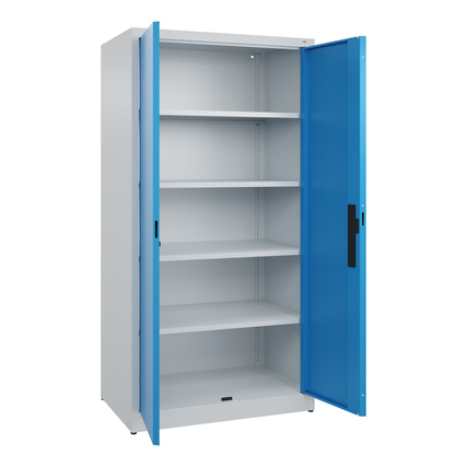 Flügeltürenschrank in lichtblau mit vier Regalböden und ergonomischem Muldengriff.