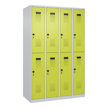 C+P Kleiderspind Evolo PLUS 1.200 x 1.850 x 500 mm (B x H x T) 4 Abteile Stahl Farbe der Front: clowngrün Farbe des Korpus: lichtgrau