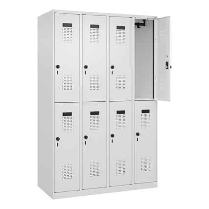 Doppelstöckiger Kleiderspind in verkehrsweiß mit offenen und geschlossenen Türen.