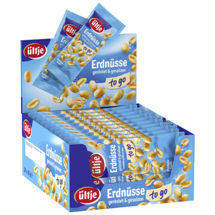Dose mit 20 Minibeuteln von gerösteten und gesalzenen Erdnüssen in Präsentationsverpackung.