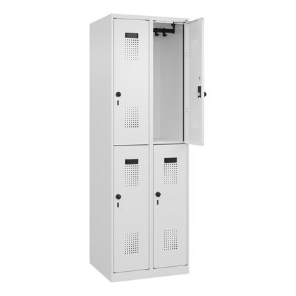 Doppelstöckiger, verkehrsweißer Kleiderspind mit zwei Fächern und geschlossenen Türen.