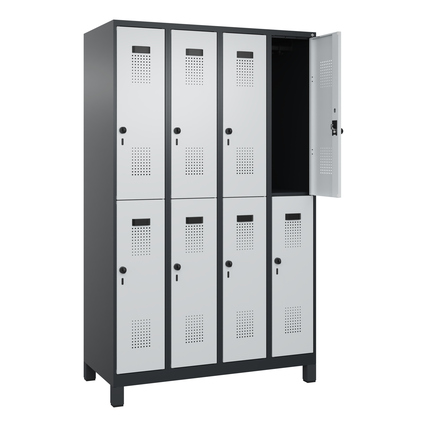 Doppelstöckiger schwarzer Kleiderspind mit lichtgrauen Türen und geöffnetem Fach.