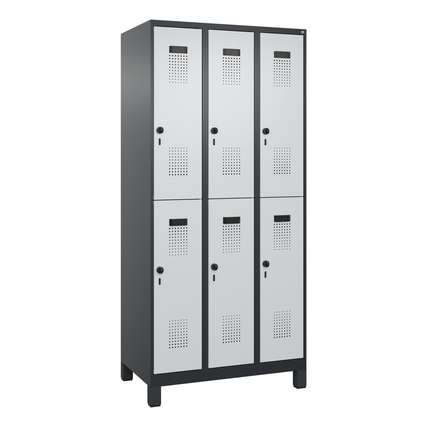 Schwarzgrauer Kleiderspind mit sechs Fächern und perforierten Türen für Belüftung.