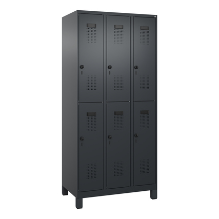Schwarzer, doppelstöckiger Kleiderspind mit sechs Fächern und Belüftungsöffnungen.