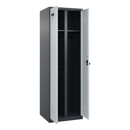 Doppelter Kleiderschrank in anthrazitgrau und lichtgrau mit offenen Türen und Innenablagen.