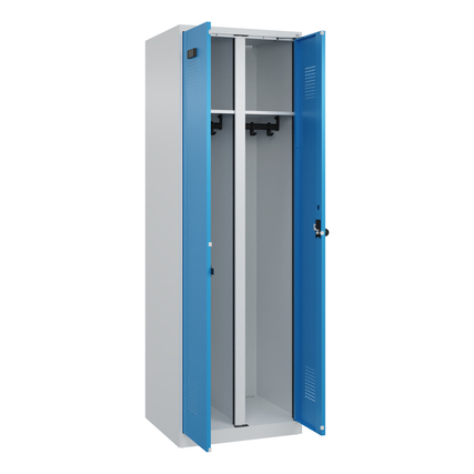 Zwei-teiliger Kleiderschrank in lichtgrau mit blauen Türen und Innenausstatung für Kleidung.