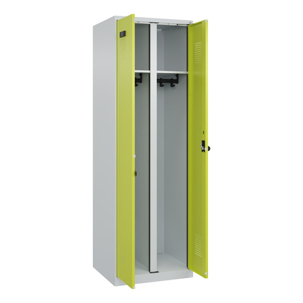 Kleiderspind mit zwei Abteilen, lichtgrauer Korpus und clowngrünen Türen, geöffnet.