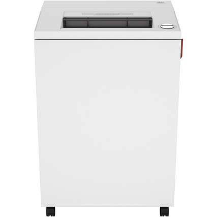 Weißer Aktenvernichter mit einer Schnittöffnung oben und Rollen für Mobilität.