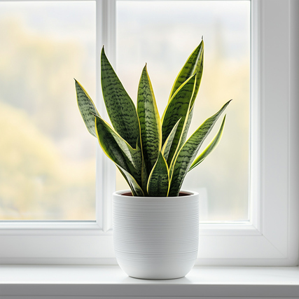 Sansevieria Laurentii in weißem Topf, ca. 60-70 cm hoch, steht auf einem Fensterbrett.