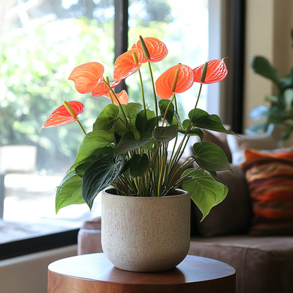Flamingoblume Anthurium Madural Orange in einem Topf, präsentiert auf einem Tisch in Wohnraumszene.