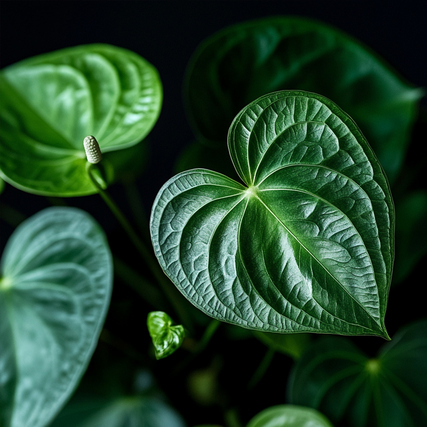 Zimmerpflanze mit großen, herzförmigen grünen Blättern vor dunklem Hintergrund.