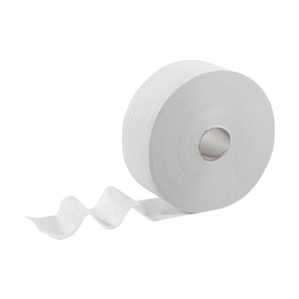 Weißes Jumbo-Toilettenpapier auf Rolle mit einem abgerollten Ende.