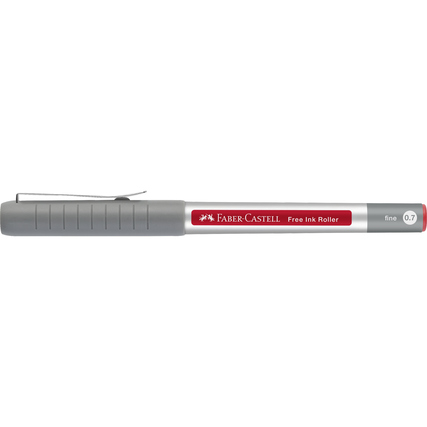 Tintenroller mit grauem Gehäuse und roter Schrift, spitze 0.7 mm.