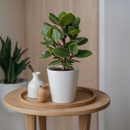 Zimmerpflanze Clusia Rosea in einem weißen Topf auf einem runden Holztisch, neben Dekoration.