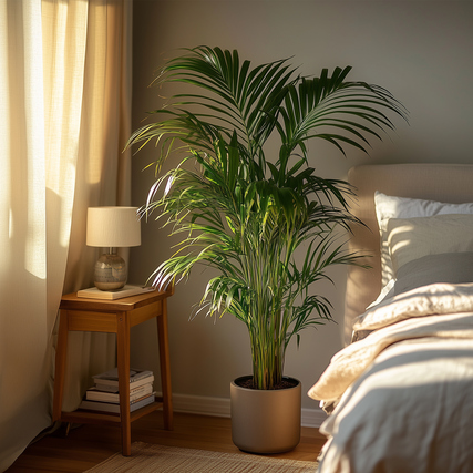 Areca-Palme in einem Topf steht neben einem Bett in einem hellen Schlafzimmer.