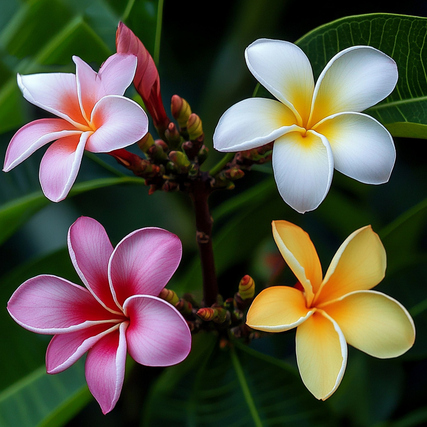 Vier Blüten der Plumeria in rosa, weiß, gelb und orange vor einem grünen Hintergrund.