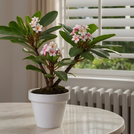 Zimmerpflanze Plumeria mit blühenden rosa-weißen Blüten in einem weißen Topf auf einem Tisch.