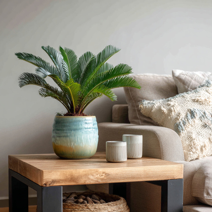 Zimmerpflanze Cycas Revoluta in einem bunten Topf auf einem Tisch neben einer Couch.