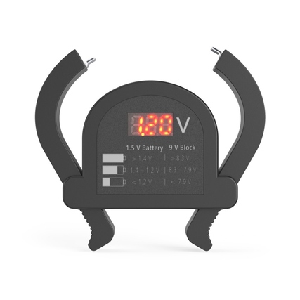 Handliches Batterietestergerät mit digitaler Spannungsanzeige für 1,5 V und 9 V Batterien.