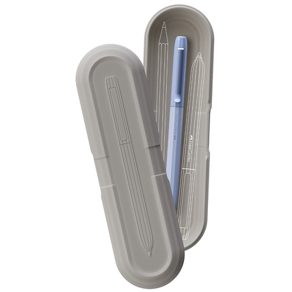 Kugelschreiber in grauem Etui, mit abgerundeter Form und einem hellblauen Stift sichtbar.