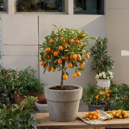 Zitrus-Kumquat-Baum in einem Topf mit leuchtend orangefarbenen Früchten und grünen Blättern.