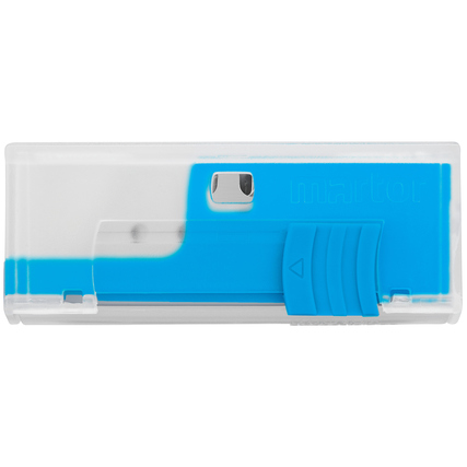 Sicherheitsmesser mit blauem Griff und transparentem Gehäuse, Ansicht von oben.