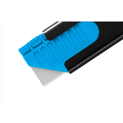 Blau-schwarzes Sicherheitsmesser mit ausgefahrenem Klingenblatt.