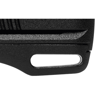 Schwarz gefärbtes Sicherheitsmesser mit ergonomischem Griff und seitlichem Klingenwechselknopf.