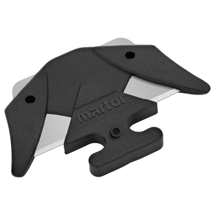 Schwarze Ersatzklinge für Sicherheitsmesser mit Sicherheitsmechanismus und Kunststoffhalterung.