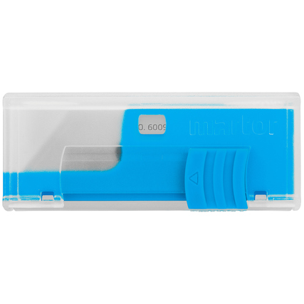 Ersatzklinge für Sicherheitsmesser mit blauem Halter und transparentem Schutz.
