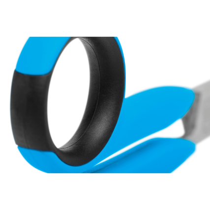 Nahaufnahme der Griffpartie einer blauen Sicherheitsschere mit ergonomischer Form.