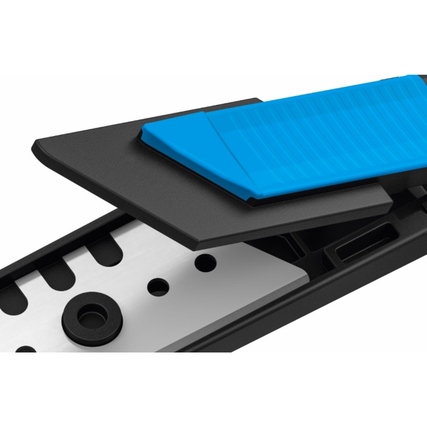 Sicherheitsmesser mit beidseitigem Schieber und abgerundeter Klinge auf schwarzem Hintergrund.