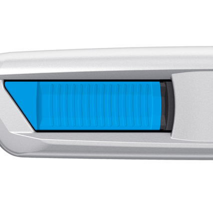 Seitenansicht eines Sicherheitsmessers mit beidseitigem Schieber in Blau.