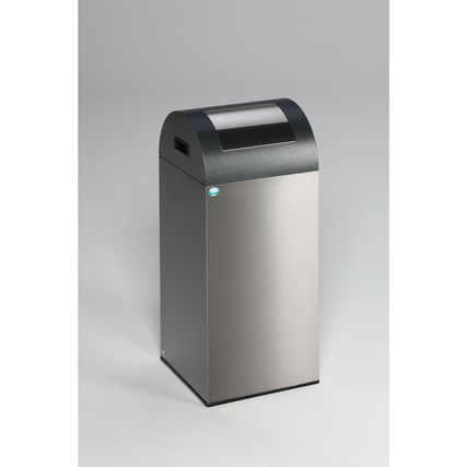 Wertstoffsammelbehälter in antik-silber Edelstahl mit selbstschließender Einwurfklappe.