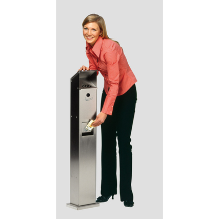 Hochwertiger Edelstahl-Standascher mit zwei getrennten Inneneinsätzen für Abfall und Asche.